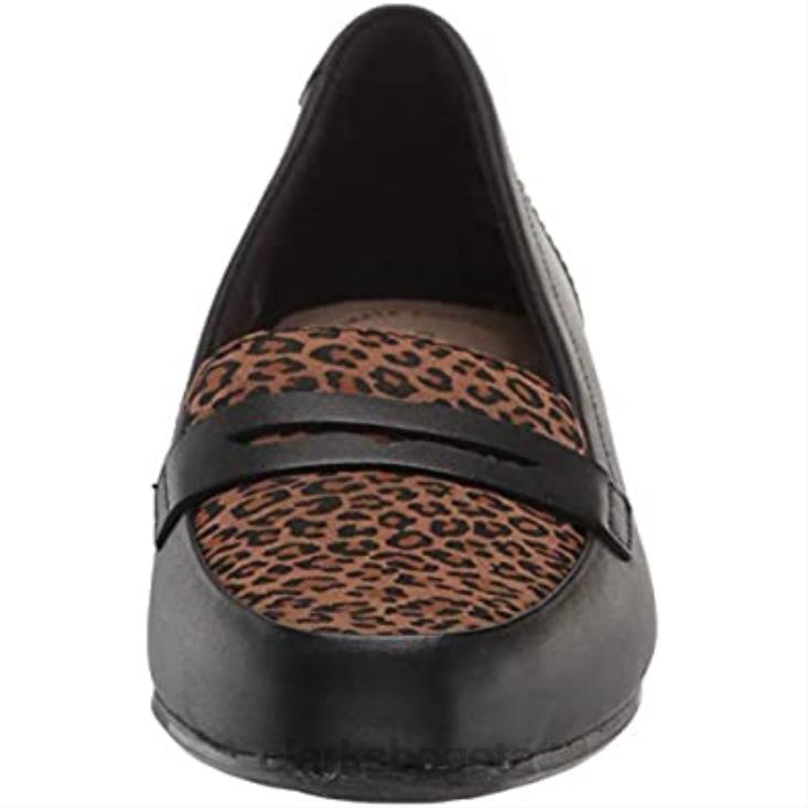 Clarks 0DX8L1005 Mocasines Juliet Coast para mujer Clarks de cuero negro con leopardo sintético mujer leopardo sintético de cuero negro