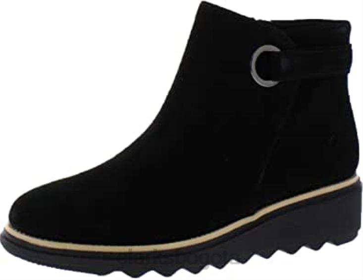 Clarks 0DX8L163 Botas de moda de cuero con punta cerrada Sharon Spring de gamuza negra para mujer Clarks mujer ante negro