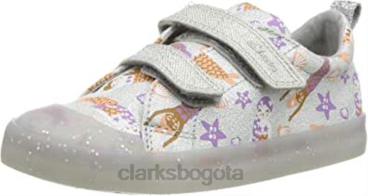 Clarks 0DX8L1905 Clarks Silver Canvas - Zapatillas para bebé niña con estampado Foxing niños lienzo plateado