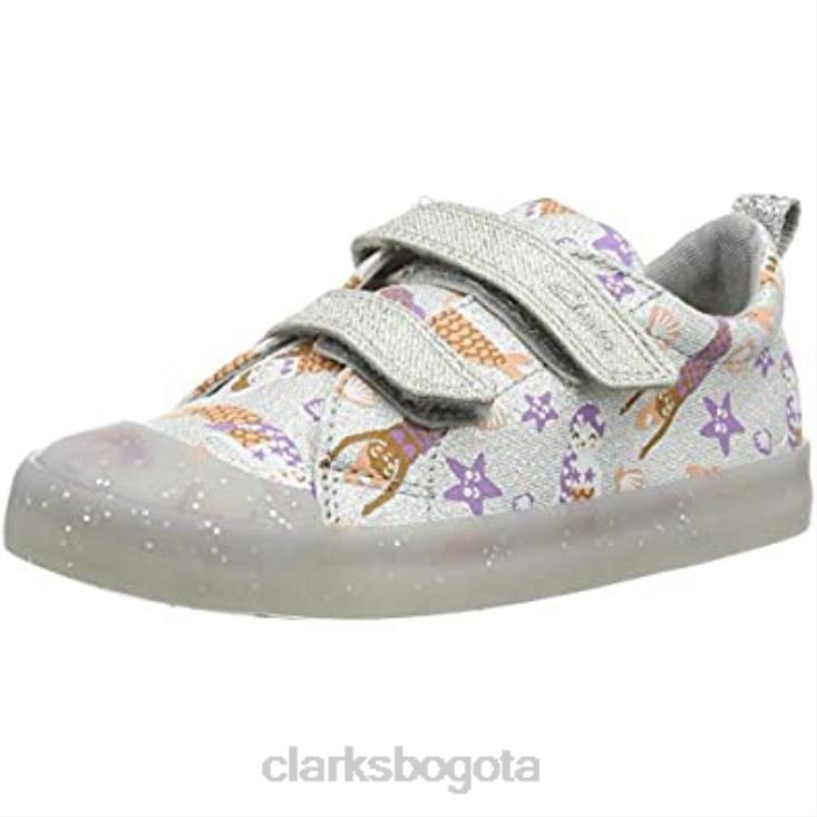 Clarks 0DX8L1905 Clarks Silver Canvas - Zapatillas para bebé niña con estampado Foxing niños lienzo plateado
