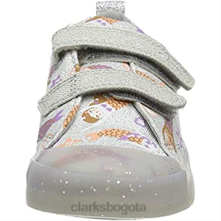 Clarks 0DX8L1905 Clarks Silver Canvas - Zapatillas para bebé niña con estampado Foxing niños lienzo plateado