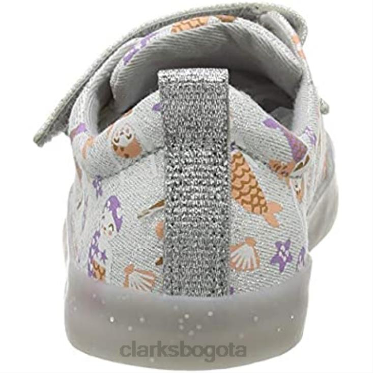 Clarks 0DX8L1905 Clarks Silver Canvas - Zapatillas para bebé niña con estampado Foxing niños lienzo plateado