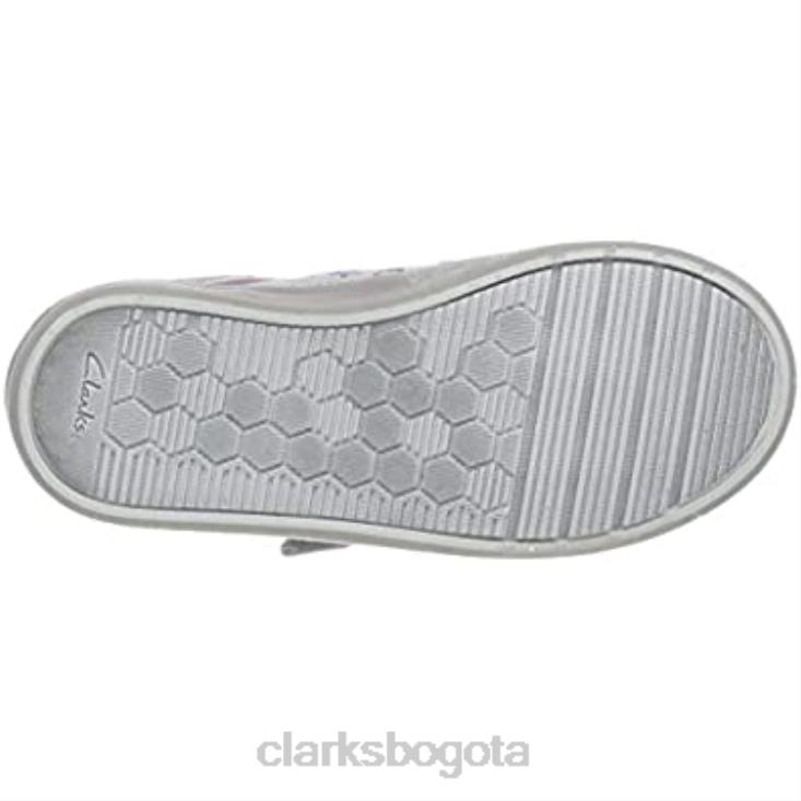 Clarks 0DX8L1905 Clarks Silver Canvas - Zapatillas para bebé niña con estampado Foxing niños lienzo plateado