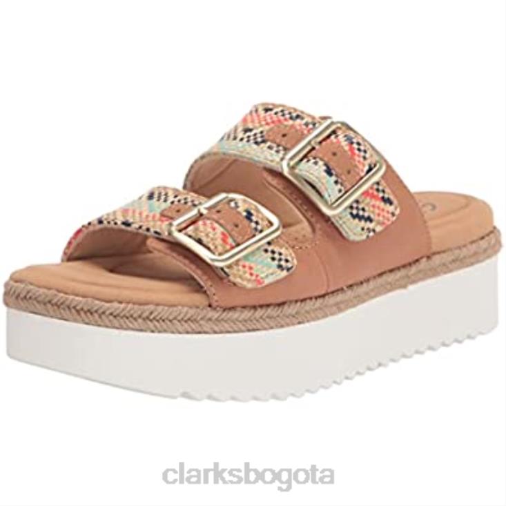 Clarks 0DX8L2806 Sandalia tipo chancla Lana Beach para mujer piel color canela natural textil combi clarks mujer Combinación textil de cuero marrón natural