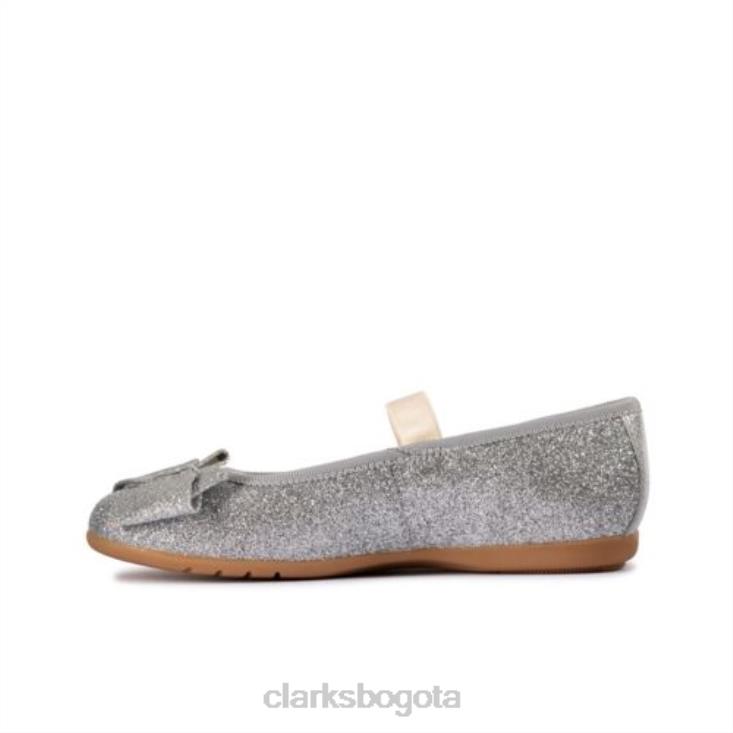 Clarks 0DX8L4676 lazo de baile de cuero plateado jnr f fit clarks unisexo cuero plateado