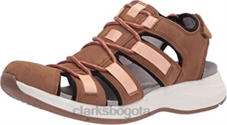 Clarks 0DX8L2603 Sandalia plana Clarks Solan Sail de piel y ante color canela oscuro para mujer mujer