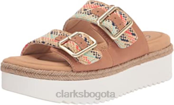 Clarks 0DX8L2806 Sandalia tipo chancla Lana Beach para mujer, piel color canela natural, textil combi clarks mujer Combinación textil de cuero marrón natural.